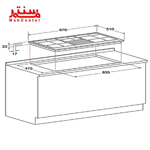 اجاق گاز دارای چهار مشعل و یک صفحه شیشه ای مشکی است. ابعاد اجاق گاز بر حسب میلی متر است.